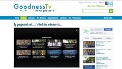 Just some of the 8,000 video choices on the goodnesstv.org website. We see pictures of eight videos lined up four atop on the below the website logo which mixes blues and greens.