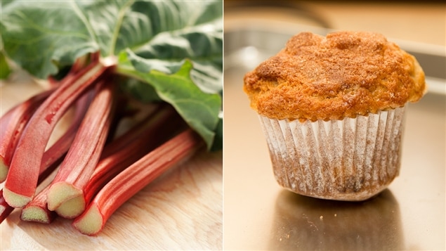 À gauche, des feuilles de rhubarbe. À droite, un muffin à la rhubarbe cuisiné par Lesley Chesterman d'après une recette du magazine <i>Fine Cooking</i> À gauche, des feuilles de rhubarbe. À droite, un muffin à la rhubarbe cuisiné par Lesley Chesterman d'après une recette du magazine <i>Fine Cooking</i>