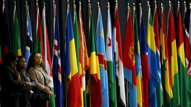 سيّدات أمام أعلام 54 دولة افريقيّة في مؤتمر قمّة جوهانسبورغ الذي انتهى في 15 حزيران يونيو 2015