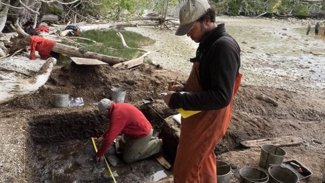Daryl Fedge (agenouillé) et Duncan McLaren, archéologues de l'Université de Victoria, creusent les sédiments à marée basse 