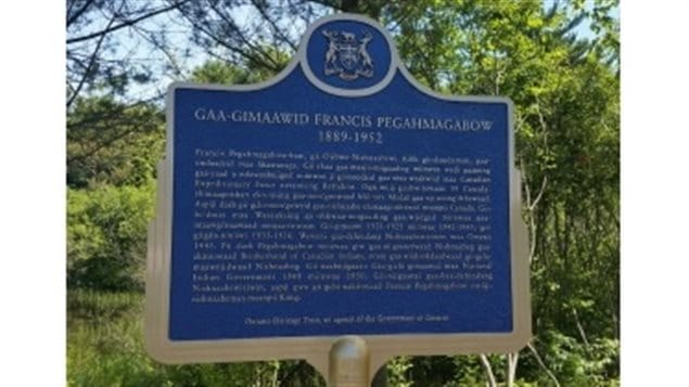 One of the provincial historical plaques unvieled this week to honour Francis Pegahmagabow near his home at Parry Sound Ontario