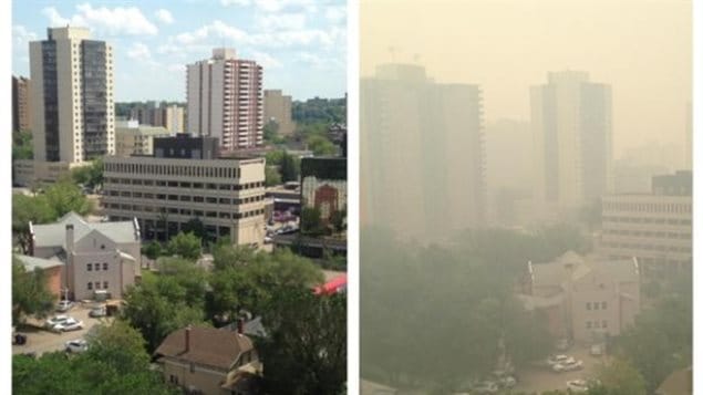 Before and after shots of smoky air in Saskatoon. 