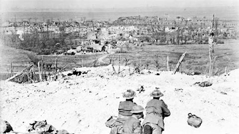 Canadian soldiers who fought for the first time as a unifed army under a Canadian commander, look out from the crest of Vimy Ridge which they took after French and British attempts had failed with massive losses. Vimy Ridge is seen as a decisive moment in creating a Canadian national unitry and pride.