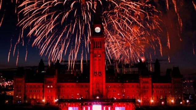 A June survey showed 71% of Canadians say they plan to celebrate the national Canada Day holiday today. Many of them say they'll take in a fireworks display, Here the fireworks shown highlighting the Centre Block of Parliament in the national capital, Ottawa. Surveys also show however that Canadians have a slim grasp of their own history.