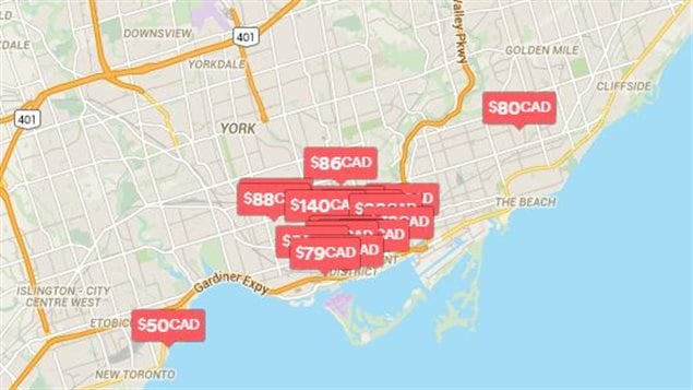 Une carte des logements disponibles sur airbnb à quelques jours du début des Jeux panam à Toronto l'été dernier.
