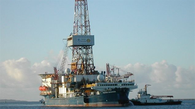 The Frontier Discoverer drilling rig shown at Dutch Harbor, Alaska, in 2007.  Shell was the last to conduct exploratory drilling in the Arctic in 2012.