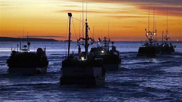 A fleet seeking lobsters is one of Canada's oldest traditions. We see five fishing boats--some with masts reaching into the sky--heading toward the sunrise on dark blue waters. It is early morning and the boats are of even darker hue than the sea.