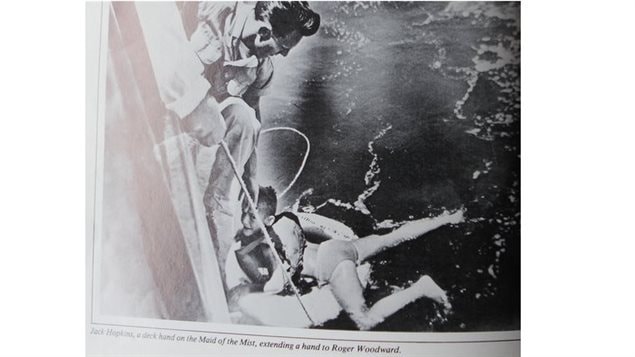 A slightly dazed but otherwise unharmed, 7-year-old Roger Woodward is pulled onto the Maid of the Mist tourist boat beneath the Canadian Horseshoe falls after incredibly surviving a 50 metre plunge.