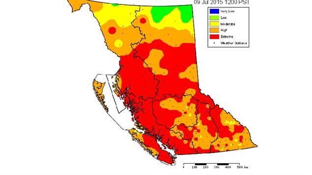 This fire risk map gives an indication of  the extent of the drought conditions in west coast BC, with almost the entire province being very dry to extremely dry