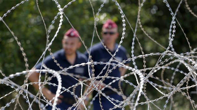 Dos guardias húngaros cuidando la construcción de la “Valla antiinmigrantes” que se encuentra en construcción. 