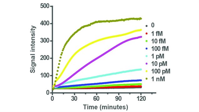 The graph shows a data set of an experiment in measuring signals from the molecular device in response to varying concentrations of a cancer biomarker (protein) Each coloured line represents a specific concentration, varying from 0 to 1 nanomolar. The graph shows the new technology  can detect an ultra low concetration (1 femtomolar)