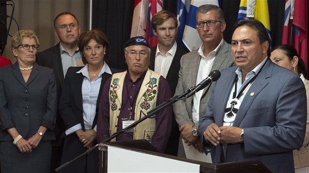 Perry Bellegarde, national chief of the Assembly of First Nations, addresses a news conference in Happy-Valley--Goose Bay, Newfoundland and Labrador on Wednesday as some of Canada's premiers and territorial leaders look on. We chief Chief Bellegarde at the right of the picture behind a podium and microphone. He is wearing a light blue suit and white shirt and white medallion around his neck. On the medallion is a drawing/painting of a large bird, which appears to be a hawk. To his right, stand some of the premiers and territorial leaders, who are dressed appropriately--the women in suits, the men in suits and sports jackets