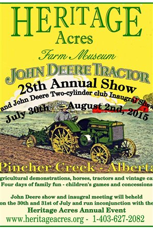 This year, the John Deere 2-cylinder tractor models are featured. at the Heritage Acres 28th annual show starting this week