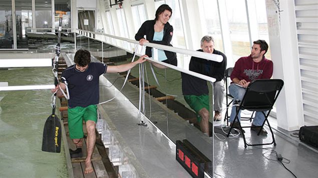 Experimental work at the Welland International Flatwater Centre done with an instrumented paddle developed by McMaster students Cam Galipeau, Alina Kaas, Lizz Hodgson and Eric Lappalainen. Pictured left to right: Dana Morgoch, Alina Kass, Stephen Tullis and Cam Galipeau. 