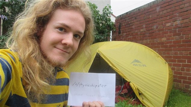 Evan Eames’ selfie shows his tent in a backyard in Manchester, United Kingdom. He lived there for a year in exchange for tutoring while he obtained his master’s degree.