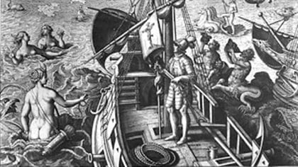 Christophe Colomb aperçoit trois sirènes.