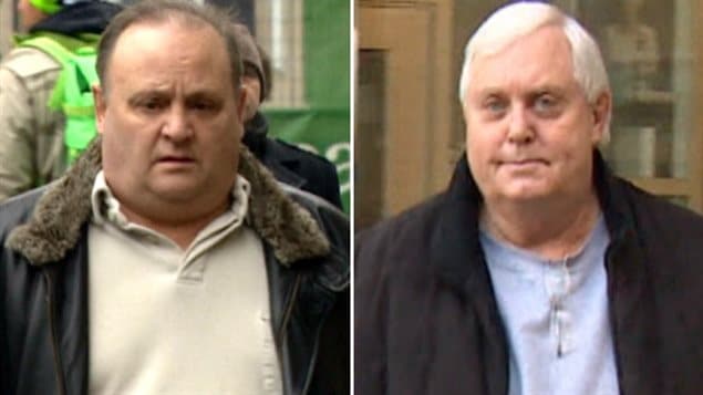 Milowe Brost, left, and Gary Sorenson, right, stand outside the Calgary Courts Centre during their trials. Brost is a heavy-set man whose hair is receding. He wears a dark leather jacket with a fake fur collar and a beige polo shirt under it. He is looking slightly downward with a bewildered expression on his face and might pass for a low-level henchman of Tony Soprano. Sorensen wears a black cloth jacket. He is looking directly at the camera under a thatch of pure white hair, parted on the left. His cream-coloured shirt looks more like the top of a pair of long-johns. His mouth holds the look of a chagrined man