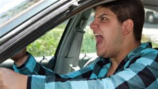 Not a pretty picture. Almost 80 per cent of Canadians admit to some form of road rage. We see a man with short hair in a plaid shirt from just outside his driver's side open window. His mouth is wide open. He is evidently screeming and his head reaches almost to the roof of his car.