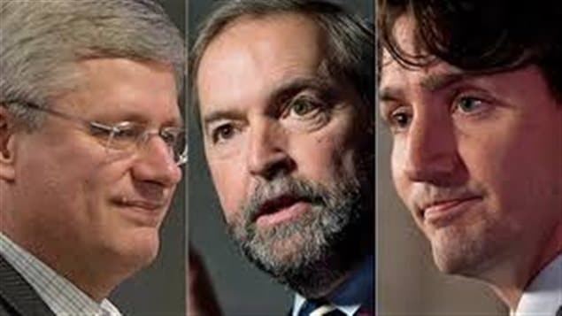 Stephen Harper, Thomas Mulcair y Justin Trudeau.