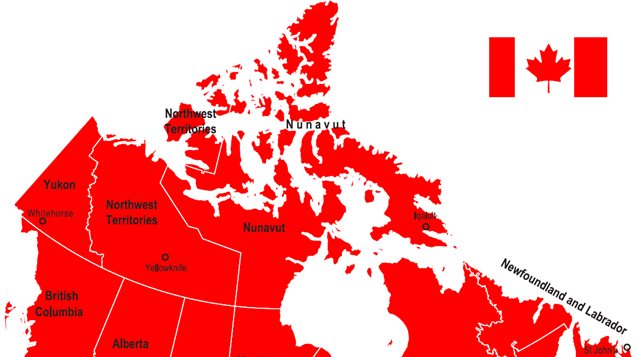 A red map showing the borders of Canada's northern territories.