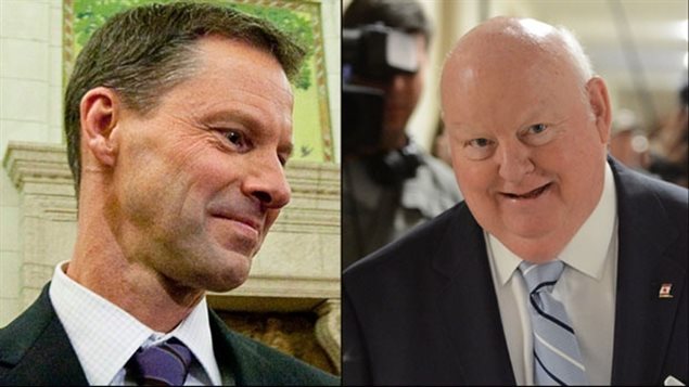 It's unclear what effect the scheduled appearance of Prime Minister Stephen Harper's former chief-of-staff, Nigel Wright, left, at Senator Mike Duffy's trial on Wednesday will have on Canada's federal election. We see a combined photo (taken at different times) of both of them from their chests up. Wright is thin with a full head of hair and wears a bemused smile. We see him in profile. We see more of Duffy, who is rotund and balding. The look on his face appears to be bewilderment more than anything else.