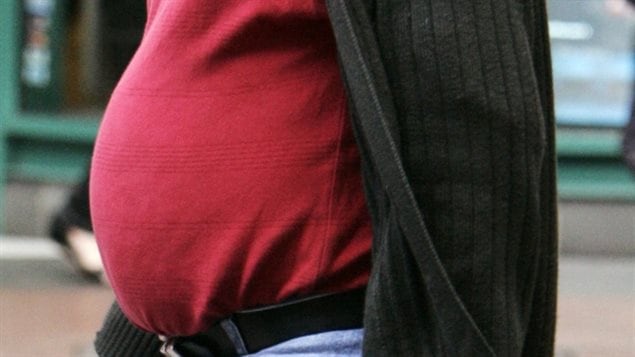  A new Canadian study finds the some disturbing trends is the obesity rates in different ethnic groups. We view from his left side a man wearing a red t-shirt and brown sweater. His belly, which is enormous, protrudes over his black belt holding up a pair of blue jeans.