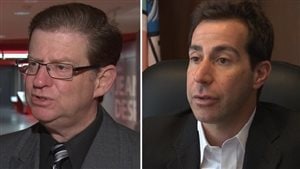 Conservative candidate Robert Libman, left, and Liberal nominee Anthony Housefather are both long-time activists in the English rights movement in Quebec. Both are seen in closeup answering questions. Libeman wears a tie and glasses. His hair is well-oiled. Housefather is without a tie in a dark suit. While Libman's eyebrows are down, Housefather's are arched.