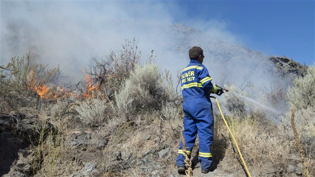 Le pompier Andrew Koteles en train de lutter contre un feu de forêt près d'Oliver en Colombie-Britannique dimanche.