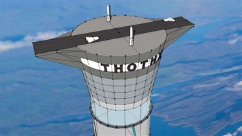 An artist's concept of an inflatable space elevator design patented by the Canadian company Thoth Technology, Inc. The elevator would lift passengers to an altitude of 20 kilometers where they could catch a commercial spacecraft launch into orbit.  We see the top of the tower, which is round and grey. A ribbon-like piece crosses the top. It is likely a landing strip. The words Thoth are written just below the top platform.