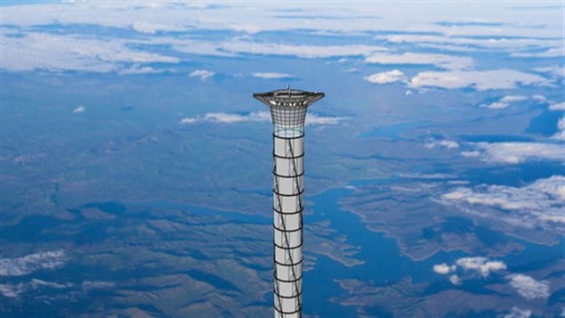 The top of a space elevator platform recently patented by Thoth Technology of Pembroke, Ont. is shown in this artist's concept. The company thinks a 20-kilometre-high version could be built within 10 years. We see the white tower rising way up in the sky. At the top is the observation deck and landing pad, which is shaped somewhat like a saucer.