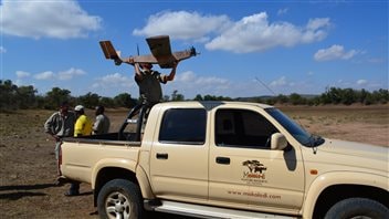 A fixed-wing drone is launched from a moving truck in demonstration flights in Botswana as a potential tool to deter poaching. 