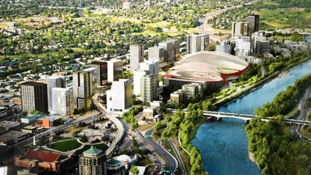 Artist rendition of the CalgaryNEXT stadium project onthe bank of the Bow River
