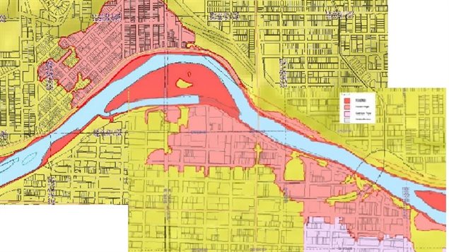 Flood plain map of Calgary. The propsoed site for the new sports complex is slisghtly off the map to the left. The current Saddledome stadium and arena on the Elbow tributary would be to the left and below the map. It was flooded to a depth of 3 metres
