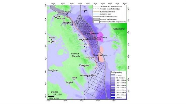 The cross-hatched area indicates zones to be extplored by the seismic tests. The pink and coral areas indicated known gathering spots for Narwhal in winter