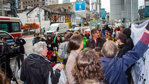 Cldye River, Nunavut, Mayor Jerry Natanine is leading the legal challenge to the government approval for seismic testing off Baffin Island in the Canadian Arctic, He is shown here in the middle of a crowd of supporters outside the Federal Court of Appeal building in Toronto. The court ruled against the challenge and the case may now be brought to the Supreme Court of Canada 