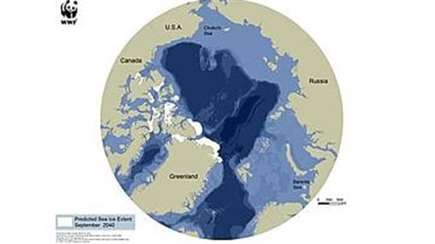 Graphic image shows only small patches of permanent ice will remain during summer months in the Arctic within merely a generation; The Last Ice Area