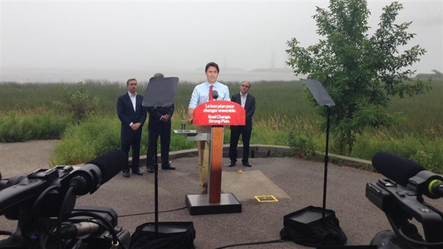 Le chef du Parti libéral du Canada Justin Trudeau lors d'une annonce à Trois-Rivières