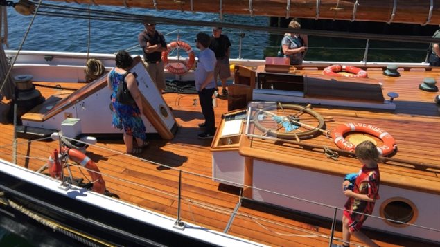 Visitors on the deck of Bluenose II in Lunenburg Nova Scotia in August. harbour tours were cancelled in July and again in August due to steering problems. The ship is currently on a goodwill sail around the province.