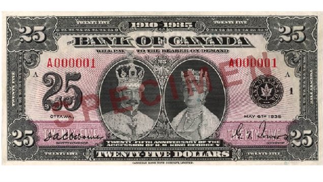 A commemorative $25 note bearing the date 6 May 1935 was issued in honour of the Silver Jubilee of King George V. Similar to the 1935 series, this denomination was available in either French or English. No other $25 denominations have been issued.