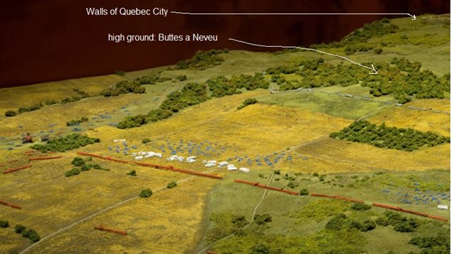 Scale model of the battle on the plain beside Quebec City. Red lines are British (with Wolfe toward the far right side) White are the French Regulars (Montcalm towards the centre) Blue spots are French Canadian militia