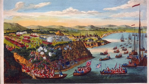 This contemporary composition compresses time to illustrate all the main events of the Quebec campaign. The British troops are shown being taken ashore by the boats of the Fleet, scaling the cliffs, and formed in line of battle to face the oncoming French on the Heights of Abraham