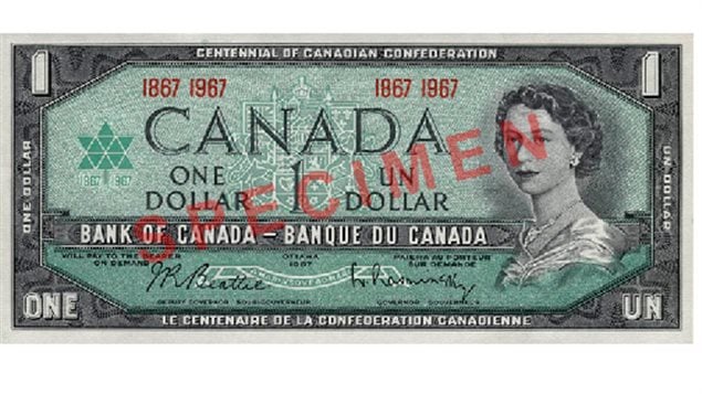 In honour of the 100th anniversary of Confederation, a modified version of the 1954 $1 note was issued, bearing the date 1967. The centennial logo was added to the front of the note and a view of Canada's original Parliament Buildings, destroyed by fire in 1916, was substituted for the prairie landscape that appeared on the original 1954 $1 note. A second version of this commemorative note, featuring the dates 1867–1967 in place of the serial numbers, was also issued.