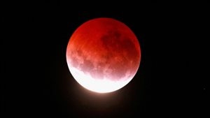 A blood red moon lights up the sky during a total lunar eclipse on April 4, 2015, in Auckland, New Zealand. The shortest total lunar eclipse, or blood moon, of the century lasted just a few minutes.