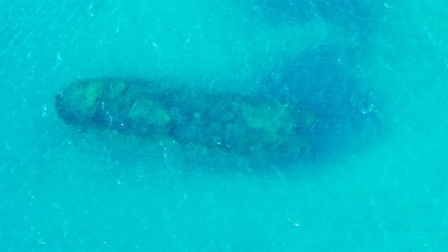 The HMS Erebus lying on the Arctic ocean floor as viewed from a helicopter. The Mission 2015 enjoyed excellent weather for the exploration