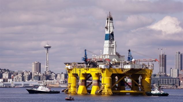 Shell was planning to outfit this oil drilling rig, known as  Polar Pioneer, as one of two drilling rigs planned for Arctic oil exploration. This photo was taken in Seattle, U.S. on  May 14, 2015.