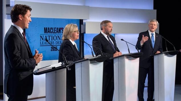 One of the leader's debates in this current federal election campaign, L-R Justin Trudeau (Liberal), Elizabeth May (Green), Thomas Mulcair (NDP), Stephen Harper (Conservative). The CTF has compiled an estimate of costs of the leading party promises.