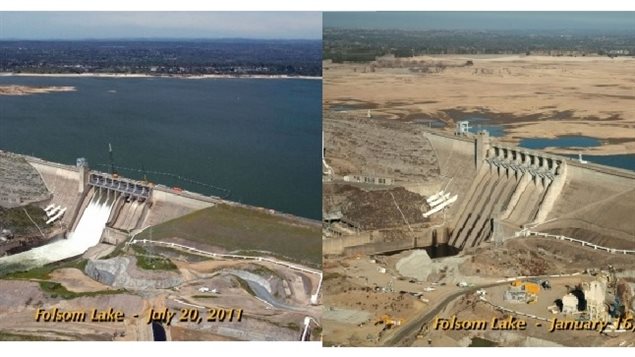 Folsom Lake reservoir north of Sacramento California in Jan 2011, and again in July 2014