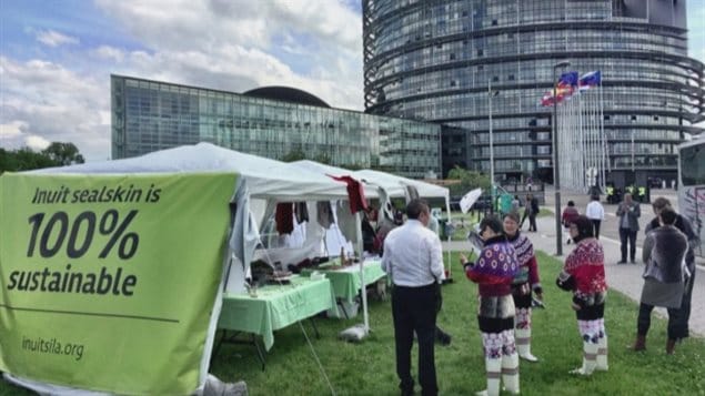 Inuit Sila protest and information event at the European Parliament in STrasbourg France in May 2015