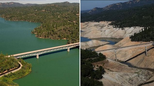 The Enterpirse Bridge across Lake Oroville in California shown in 2011 and then in 2014.