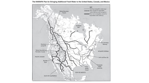 The North American Water and Power Alliance, proposed in the 1950's was proposed to divert massive amounts of water from Canadian rivers flowing to the Arctic and Alaska, and send the ma south.It is still very much alive with detaled proposals/analysis made in 2010 and 2012